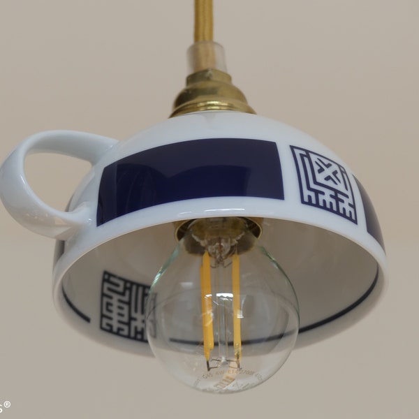 Vintage Arzberg white teacup lamp with dark blue modern design