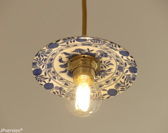 Minimalist vintage saucer ceiling light with blue white flower print