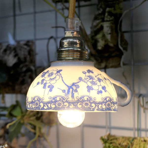 Vintage Japanese teacup  pendant light with blue flowers (Flow Blue)