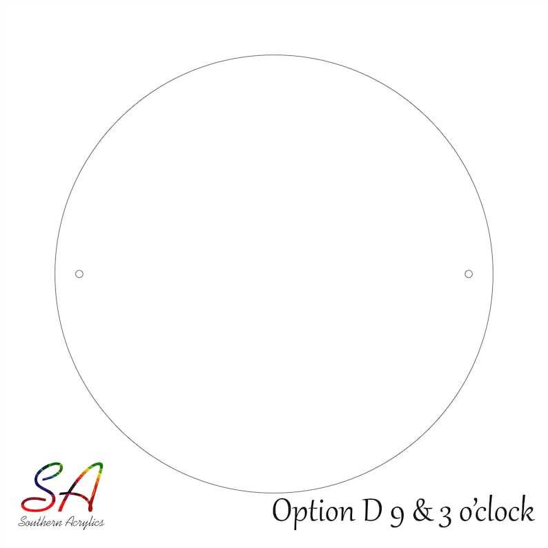 Op de afbeelding: Een lege witte cirkel met twee kleine gaten op de 9 en 3 uur posities. De tekst "Option D 9 & 3 uur" staat onder de cirkel.