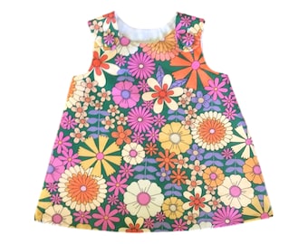 Retro Colourful Flower Baby & Toddler Dress. Organic Cotton Handmade