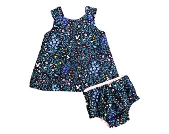 Organic Baby & Toddler Navy Blue Handmade Dress Set with Bloomers