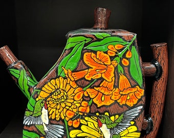 Hand Built Hummingbird Teapot, Original Glaze Design