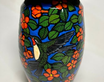 Urn with Hummingbirds and Blue background