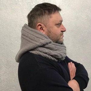 Bufanda de punto con capucha, Bufanda de lana con capucha, Bufanda cálida con capucha, Bufanda de punto con capucha gris, Bufanda para hombre