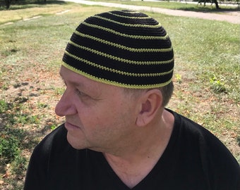 Men's beanie crochet, Docker cap, Fisherman hat, Skull Cap black with stripes, Kufi , Taqiyah crochet, universal hat