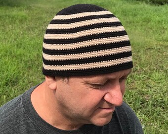 Men's beanie crochet, Docker cap, Fisherman hat, Skull Cap black with stripes, Kufi , Taqiyah crochet, universal hat