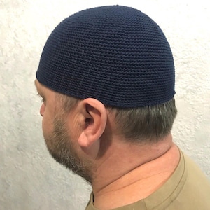 Kufi hat, Men&#39;s Skull cap crochet is cotton, Kufi dark blue, Mens short beanie