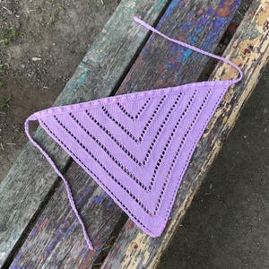Bandana Headscarf knitted, Kerchief knitted is cotton, Triangle Headband lilac purple color, knitted hair accessory