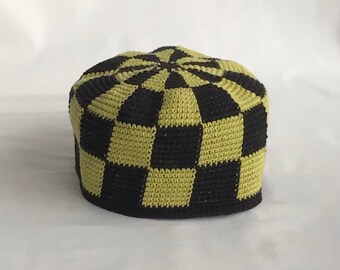 Tubeteika crochet, Men's Skull cap, Taqiyah, Kufi hat, Mens short beanie crochet,  Checkered Hat, Plaid hat