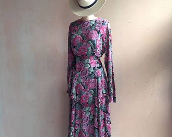 Vintage 80s Floral Side Tiered Dress w/ Attached Sash