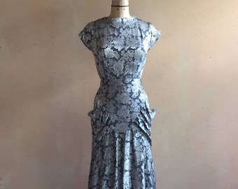 vintage années 80 Silver Metallic Floral Print Dress w/ Pockets