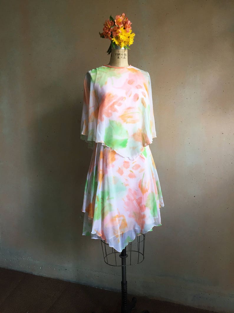 Vintage 60s Sylvia Ann Brand Chiffon Tiered Floral Dress image 1