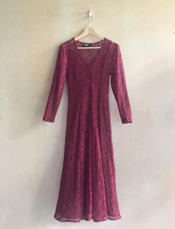 Vintage 80s Dark Cranberry Red Lace Dress w/ Cors… - image 7