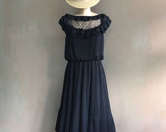 Vintage Handmade Silky Sheer Lace & Ruffles Black Dress