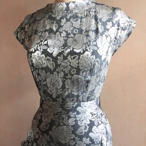 Vintage 80s Silver Metallic Floral Print Dress w/ Pockets image 4
