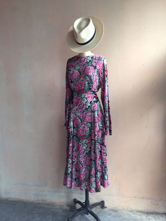 Vintage 80s Floral Side Tiered Dress w/ Attached S