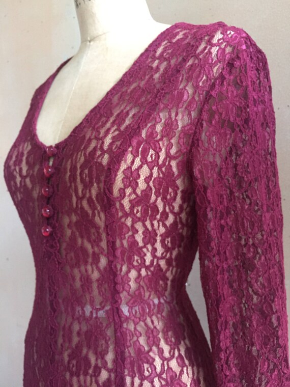 Vintage 80s Dark Cranberry Red Lace Dress w/ Cors… - image 3