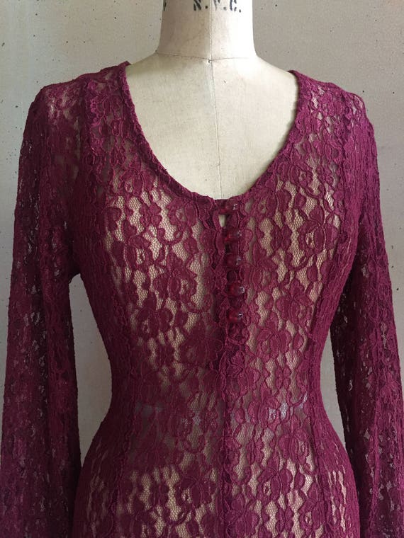 Vintage 80s Dark Cranberry Red Lace Dress w/ Cors… - image 6