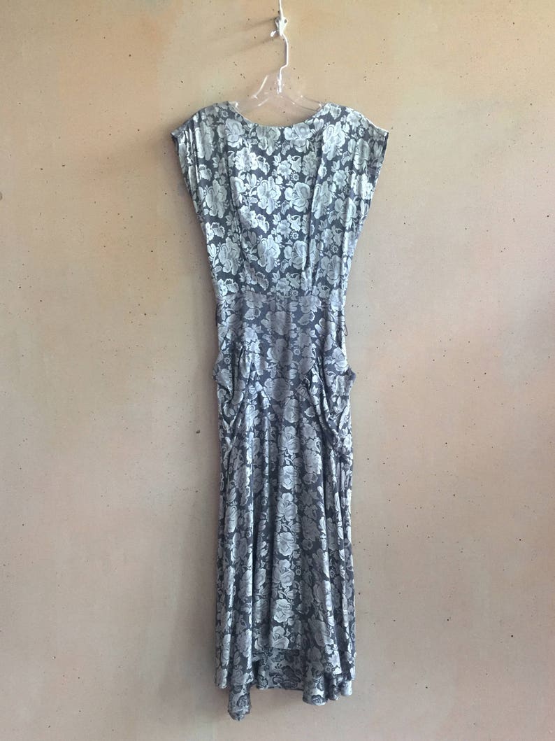 Vintage 80s Silver Metallic Floral Print Dress w/ Pockets image 7