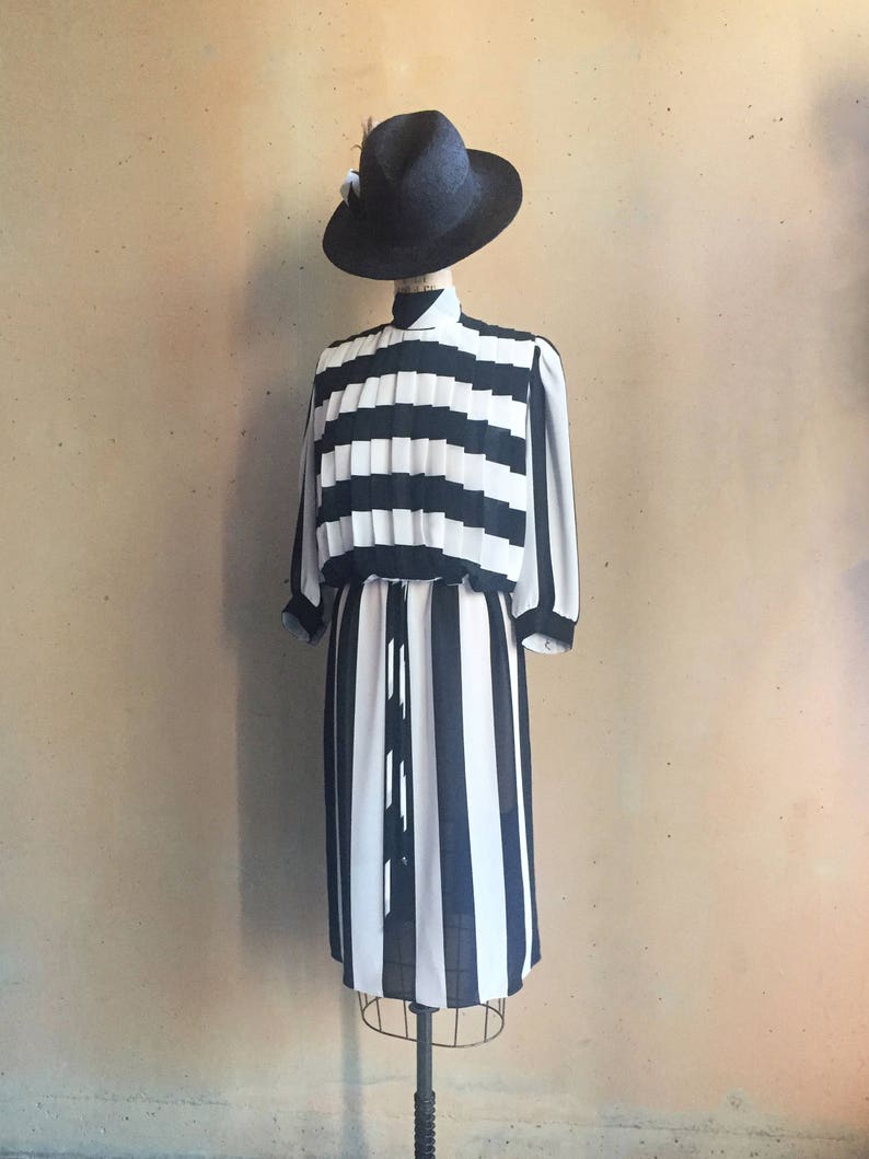 Vintage 80s meets 60s Sheer B&W Striped Dress image 1