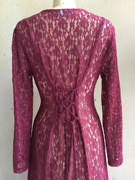 Vintage 80s Dark Cranberry Red Lace Dress w/ Cors… - image 5