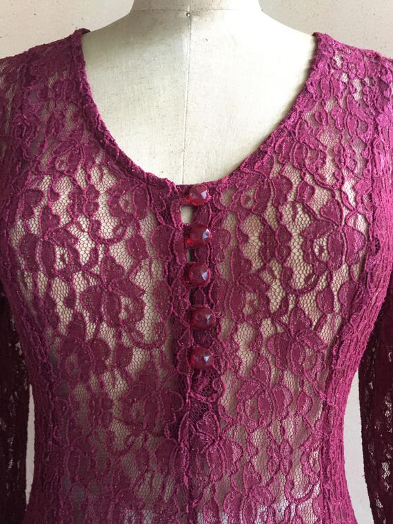 Vintage 80s Dark Cranberry Red Lace Dress w/ Cors… - image 4