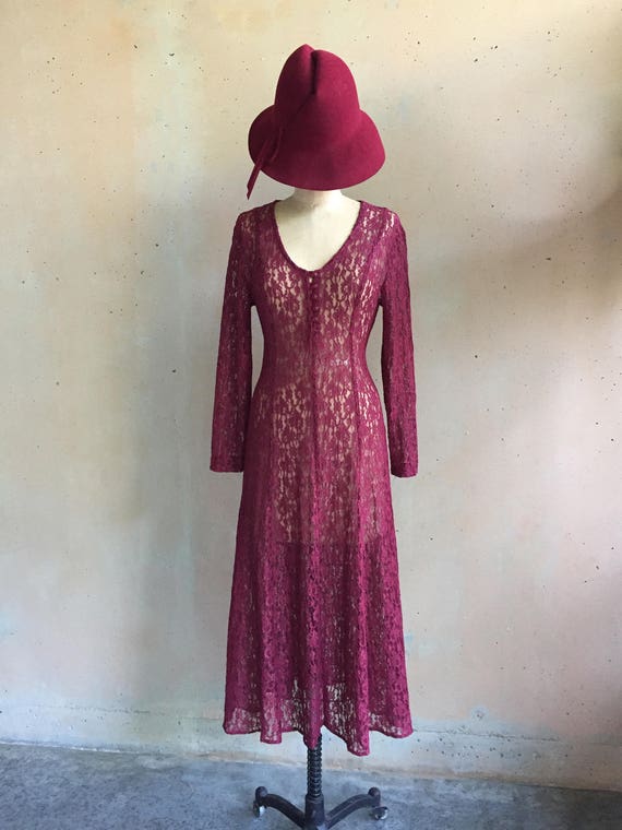 Vintage 80s Dark Cranberry Red Lace Dress w/ Cors… - image 1