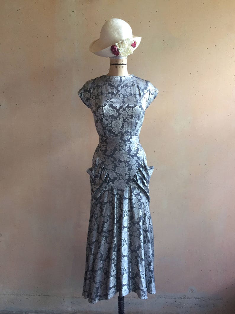 Vintage 80s Silver Metallic Floral Print Dress w/ Pockets image 1