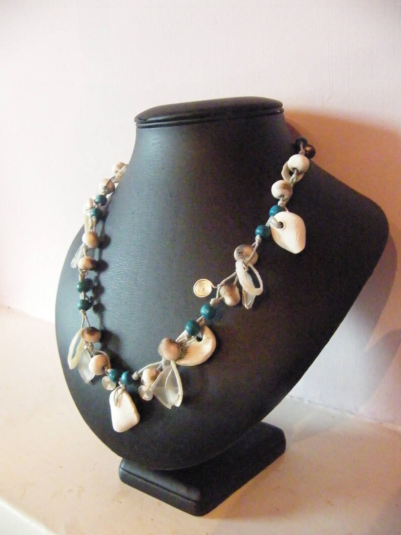 Medium Handmade South African Turquoise, White Clay Beads, Shell and Sea Glass Necklace image 3