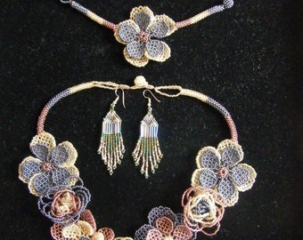 Flower Pattern Beaded Necklace, Earrings and Bracelet Set