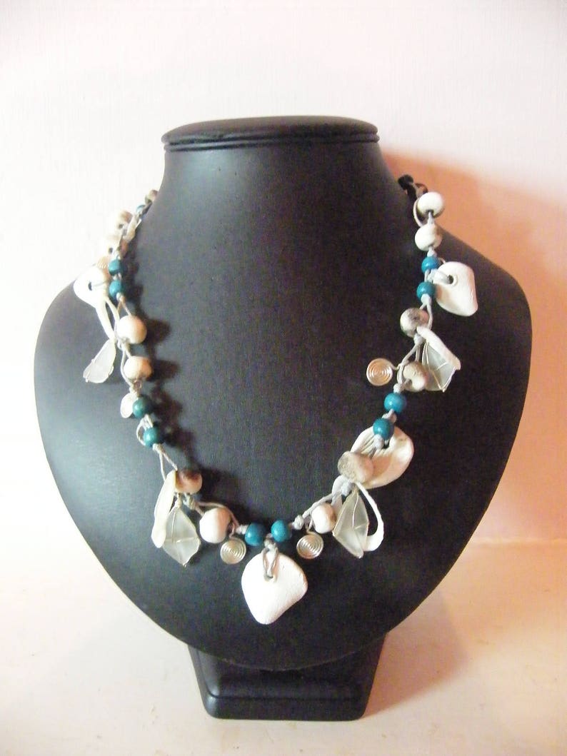 Medium Handmade South African Turquoise, White Clay Beads, Shell and Sea Glass Necklace image 1