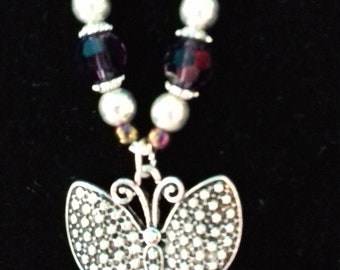 Beautiful Medium Silver Plated Butterfly Necklaces With Choice of Red Silver, Pink, Purple, Turquoise or Clear Beads