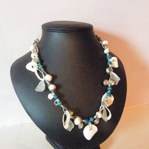 Medium Handmade South African Turquoise, White Clay Beads, Shell and Sea Glass Necklace image 2