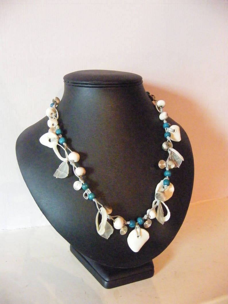 Medium Handmade South African Turquoise, White Clay Beads, Shell and Sea Glass Necklace image 2