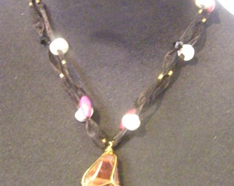 Tiger Eyes Fair Trade Medium Choker Necklace Coffee Coloured Stone and White Clay Beads and Red Beads The Chain is a double ribbon