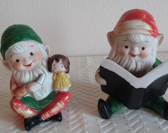 Pair of Vintage Homco Christmas Elves, Homco Elves Number 5205, Vintage Porcelain Christmas Figurines, Vintage Christmas Décor