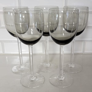 Set of 5 Vintage Smoky Gray Wine Glasses with Clear Glass Stems