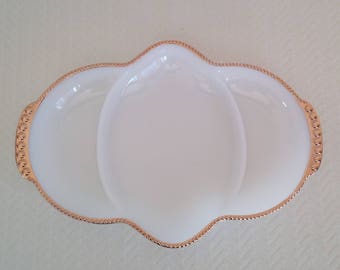 Vintage Fire-King Milk Glass Divided Dish: 22K Gold Hobnail Trim