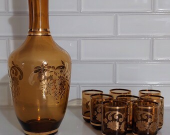 Vintage Brown Glass Decanter Set, Gold Floral Barware, 1970s