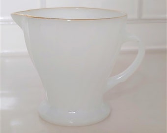Vintage Fire King Milk Glass Creamer, Gilded Swirl Design