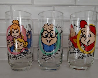 Lot of 3 Chipmunks glass tumblers Alvin Theodore Chipettes 1985 Hardees EUC