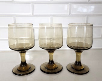 Set of 3 Vintage Libbey 10-Ounce Smokey Brown Stemmed Glasses