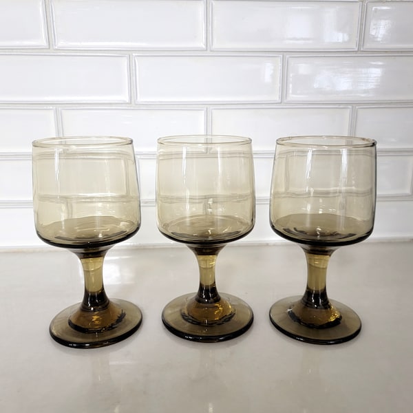 Set of 3 Vintage Libbey 10-Ounce Smokey Brown Stemmed Glasses