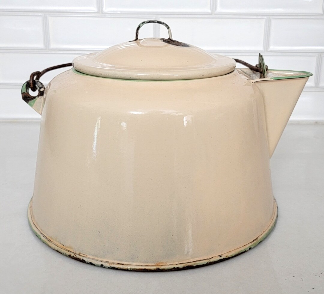 Vintage 1940's Cream and Green Enamelware Tea Kettle Etsy