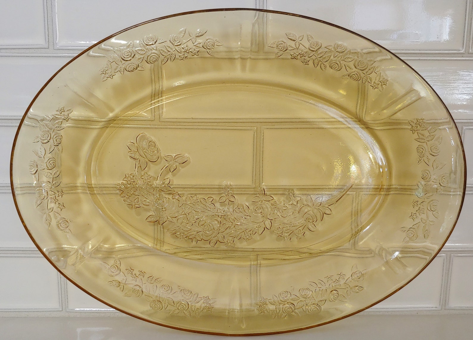 Amber Depression Glass Oval Platter in Sharon Cabbage Rose Etsy