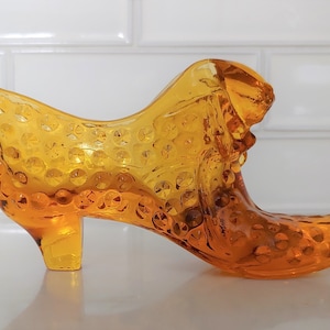 Vintage Fenton Amber Hobnail Glass Slag Cat Slipper Shoe, Vintage Fenton Glass