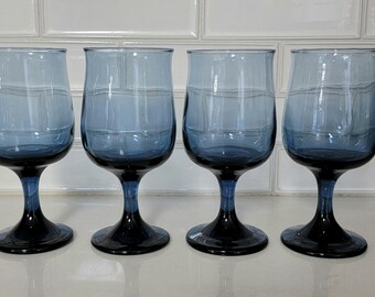 Set of 4 Blue Stemmed Goblets, Vintage Barware, Blue Water Goblets, Blue Wine Goblets