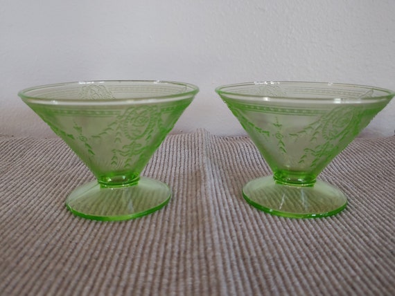 Pair Of Green Depression Glass Sherbet Dessert Dishes In Rose - Vintage Green Glass Dessert Plates Pair Of Green Depression Glass Sherbet Dessert Dishes In Rose - Vintage Green Glass Dessert Plates