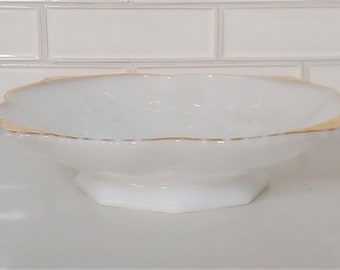 Vintage Gilded Grape Vine Milk Glass Footed Bowl